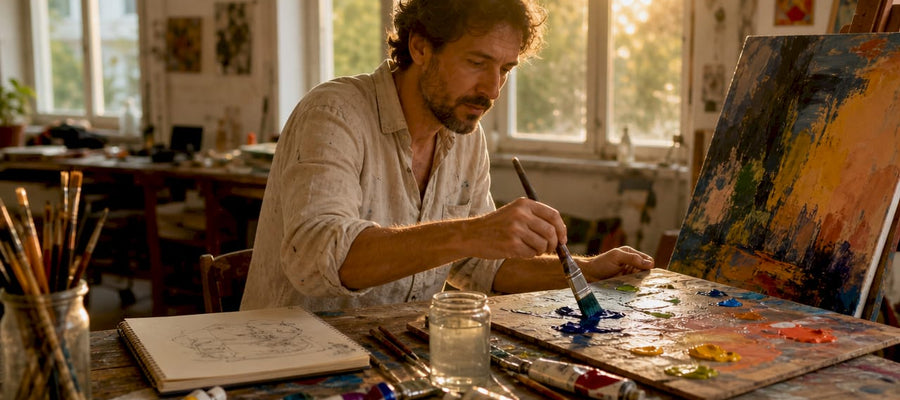 Im Atelier steht der Künstler vor der Leinwand und arbeitet mit Acrylfarben und Pinsel.