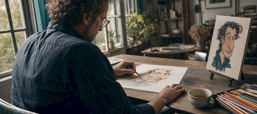 An einem Holztisch sitzt jemand und bringt mit viel Gefühl eine Karikatur aufs Papier.
