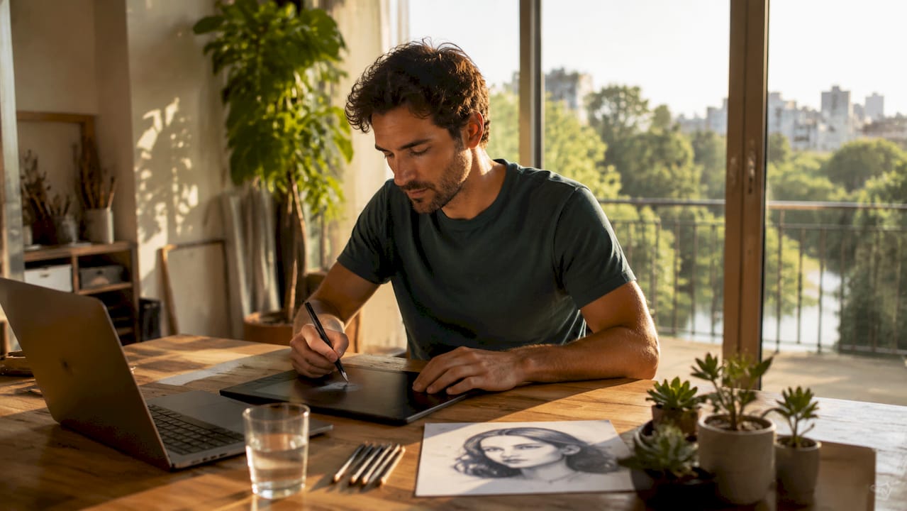 In seinem Atelier arbeitet ein Künstler an einem digitalen Porträt.