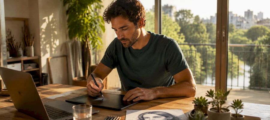 In seinem Atelier arbeitet ein Künstler an einem digitalen Porträt.