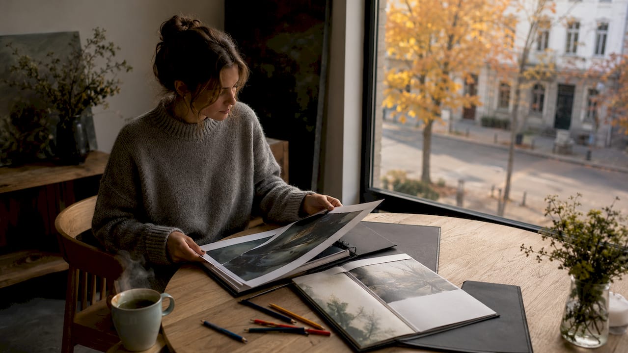 Eine Frau sitzt am Wohnzimmertisch und schaut sich die Portfolios verschiedener Künstler an.