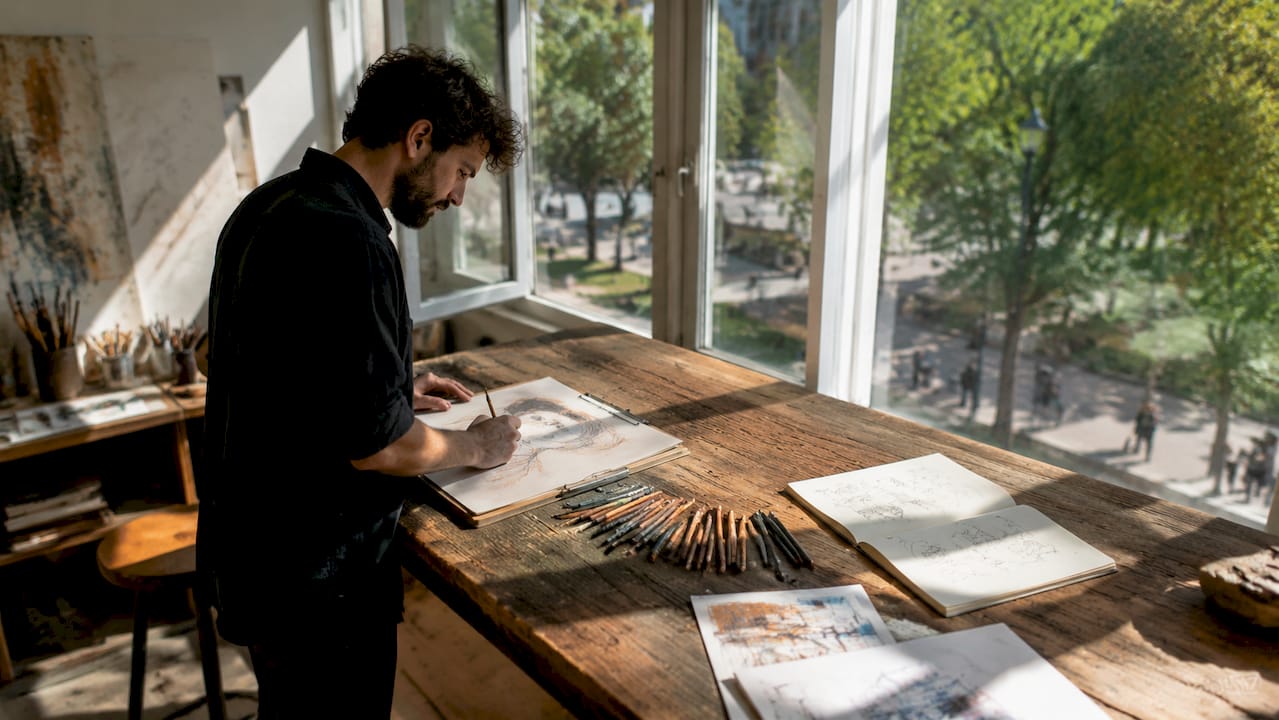 Ein Künstler arbeitet in seinem Atelier an einem individuellen Kunstauftrag.