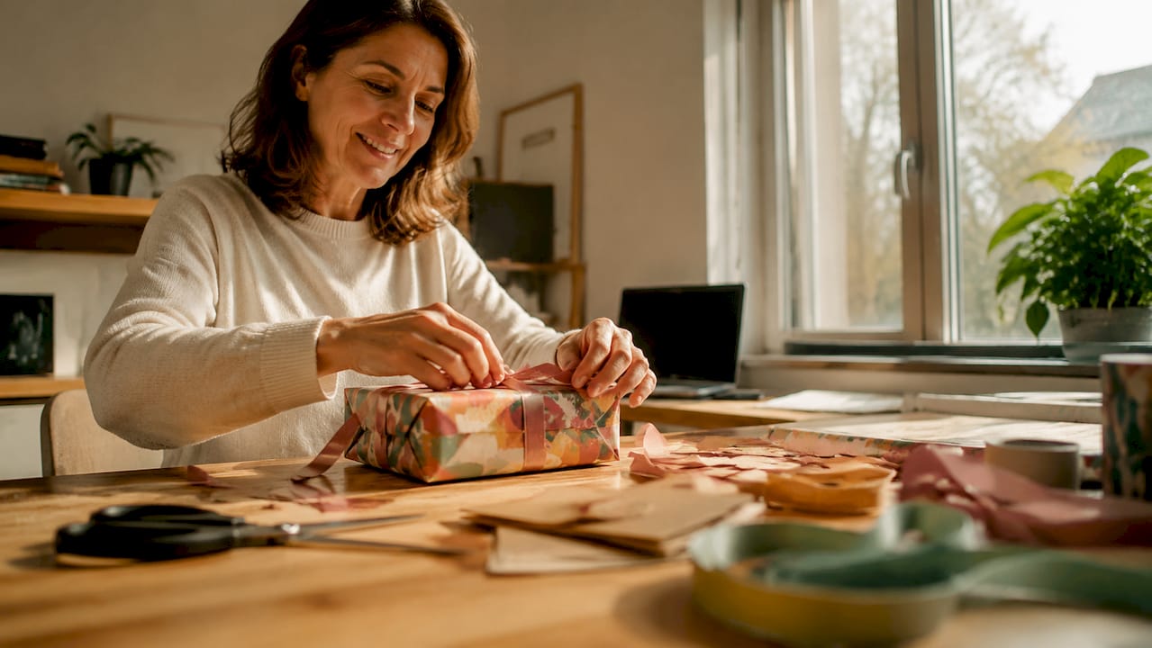 Eine Frau verpackt liebevoll ein ganz persönliches Geschenk.
