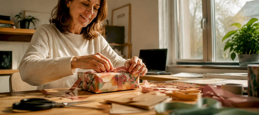 Eine Frau verpackt liebevoll ein ganz persönliches Geschenk.