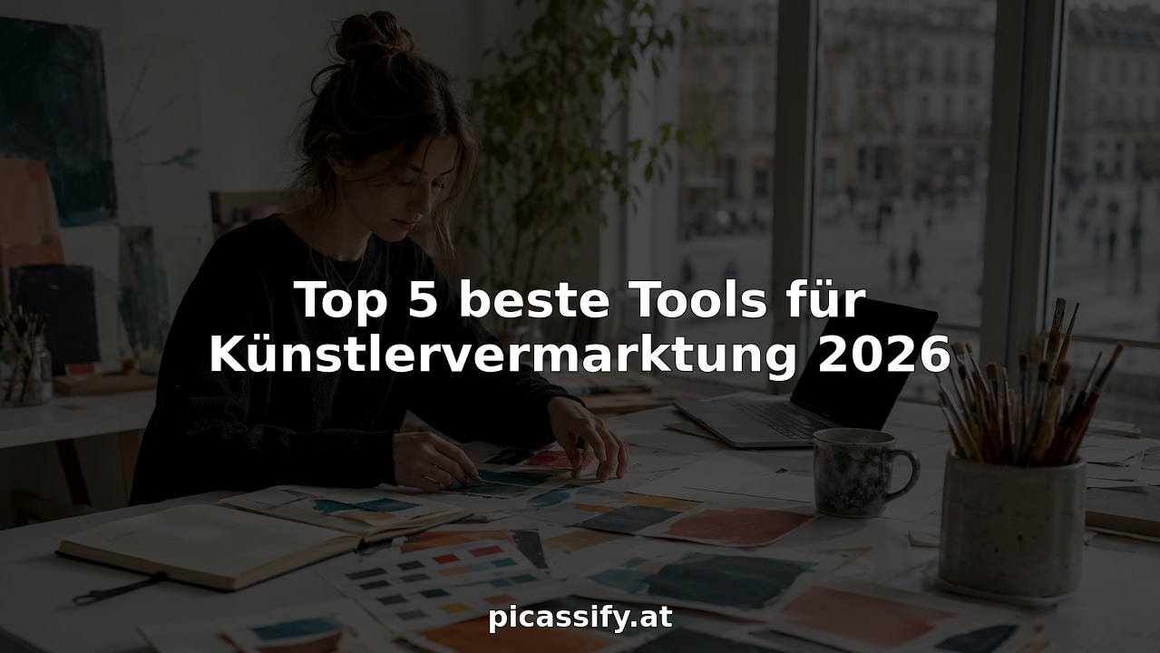 Eine Künstlerin entwickelt am Ateliertisch kreative Marketingstrategien für ihre Arbeiten.