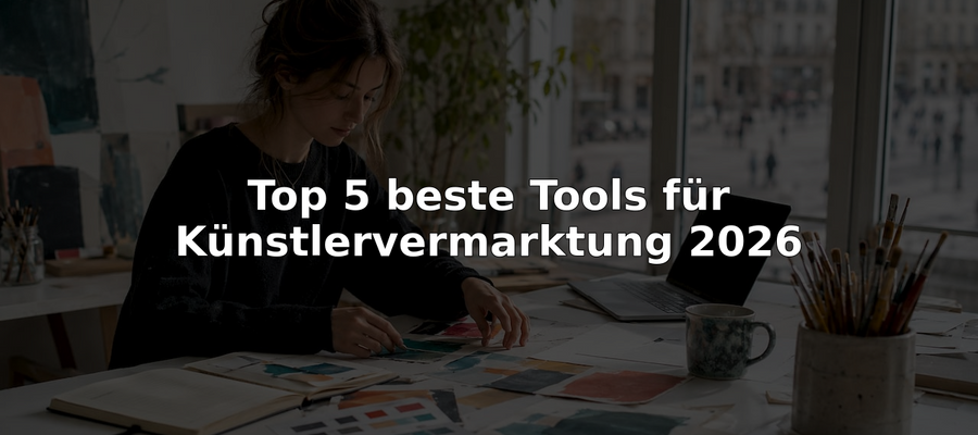 Eine Künstlerin entwickelt am Ateliertisch kreative Marketingstrategien für ihre Arbeiten.