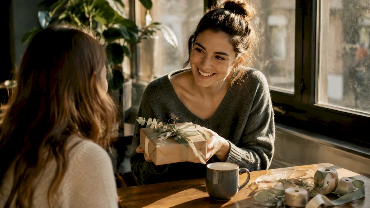Eine Frau überreicht im Wohnzimmer ein ganz persönliches Geschenk.