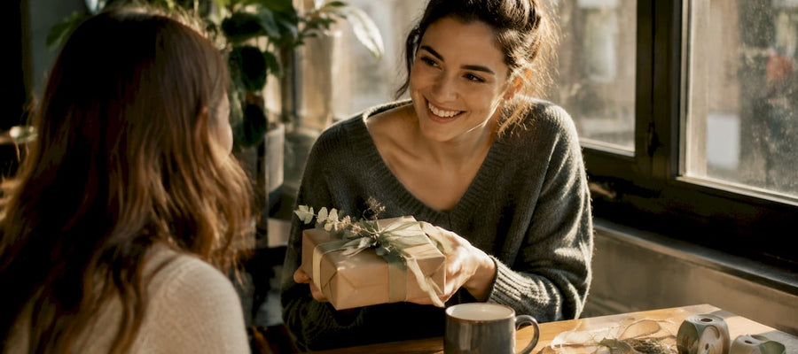 Eine Frau überreicht im Wohnzimmer ein ganz persönliches Geschenk.