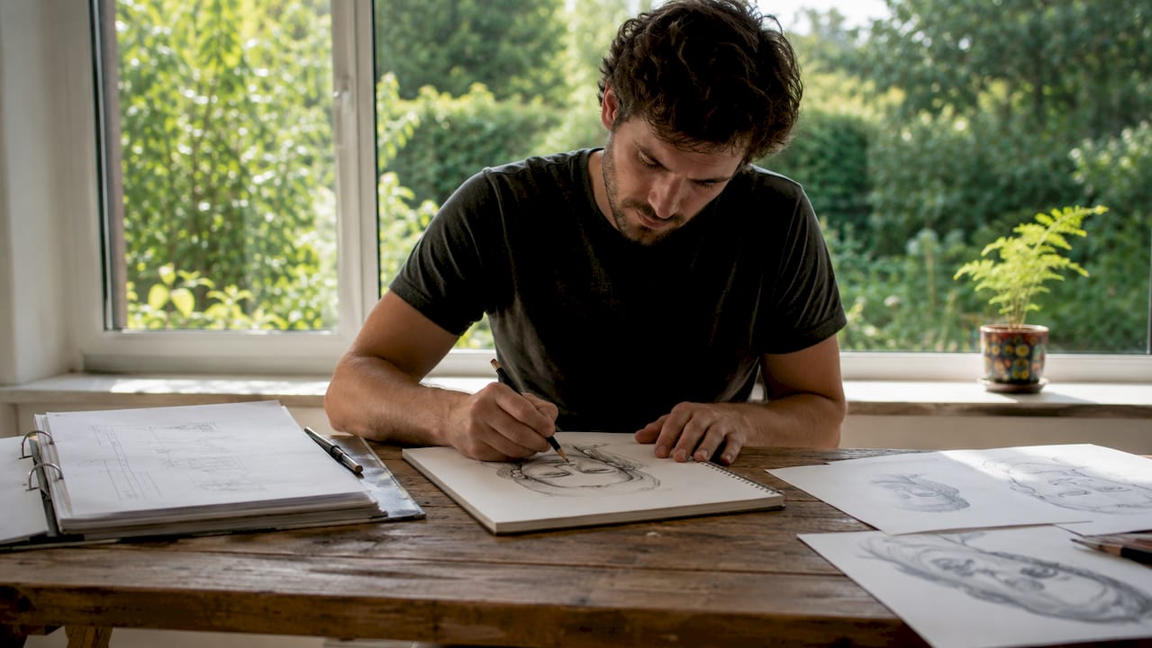 In seinem Atelier arbeitet der Künstler konzentriert an einem detailreichen Porträt.