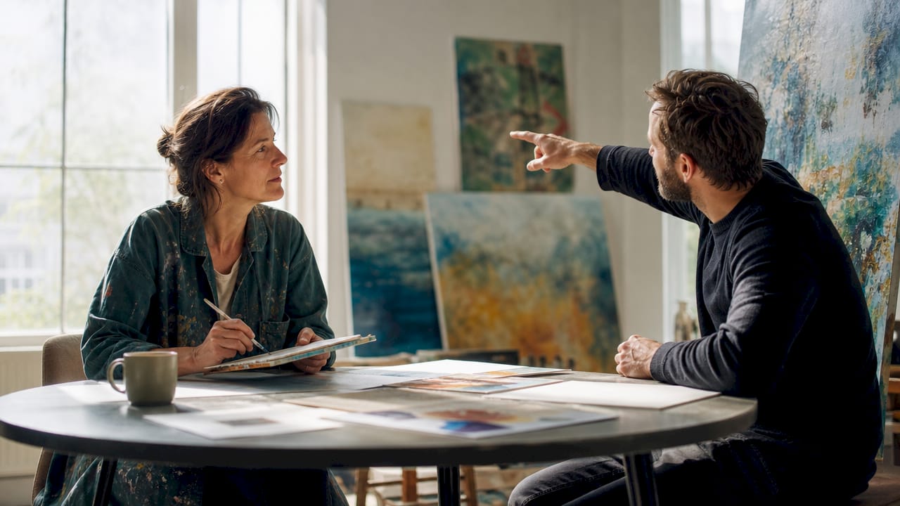 Im Atelier bespricht der Künstler gemeinsam mit seiner Kundin die Details ihres Projekts.