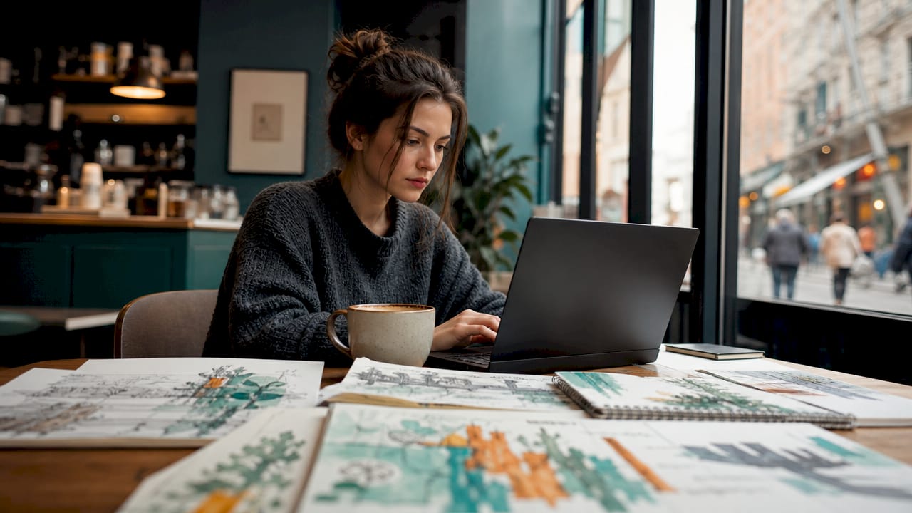 Eine Künstlerin arbeitet an ihrem Online-Profil am Laptop.