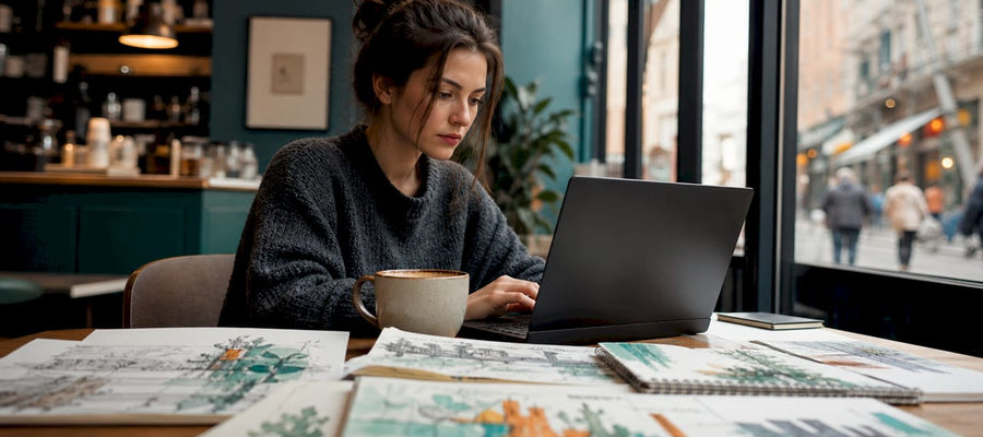 Eine Künstlerin arbeitet an ihrem Online-Profil am Laptop.