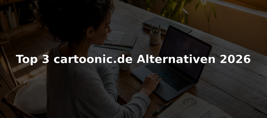 Eine Person sitzt am Laptop und stöbert nach verschiedenen Cartoon-Optionen.