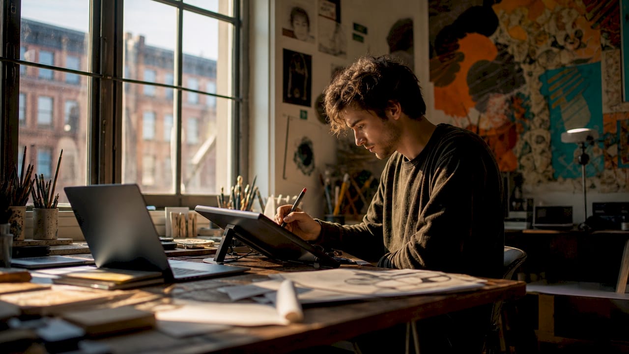 Ein Nachwuchskünstler arbeitet konzentriert mit seinem Grafiktablett in seinem Atelier.