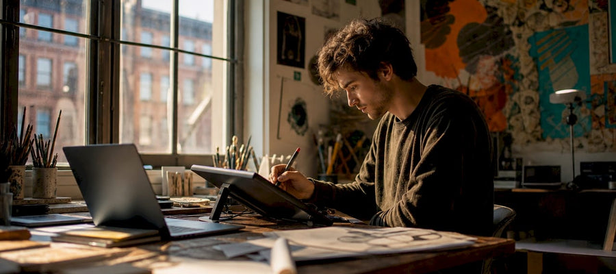 Ein Nachwuchskünstler arbeitet konzentriert mit seinem Grafiktablett in seinem Atelier.