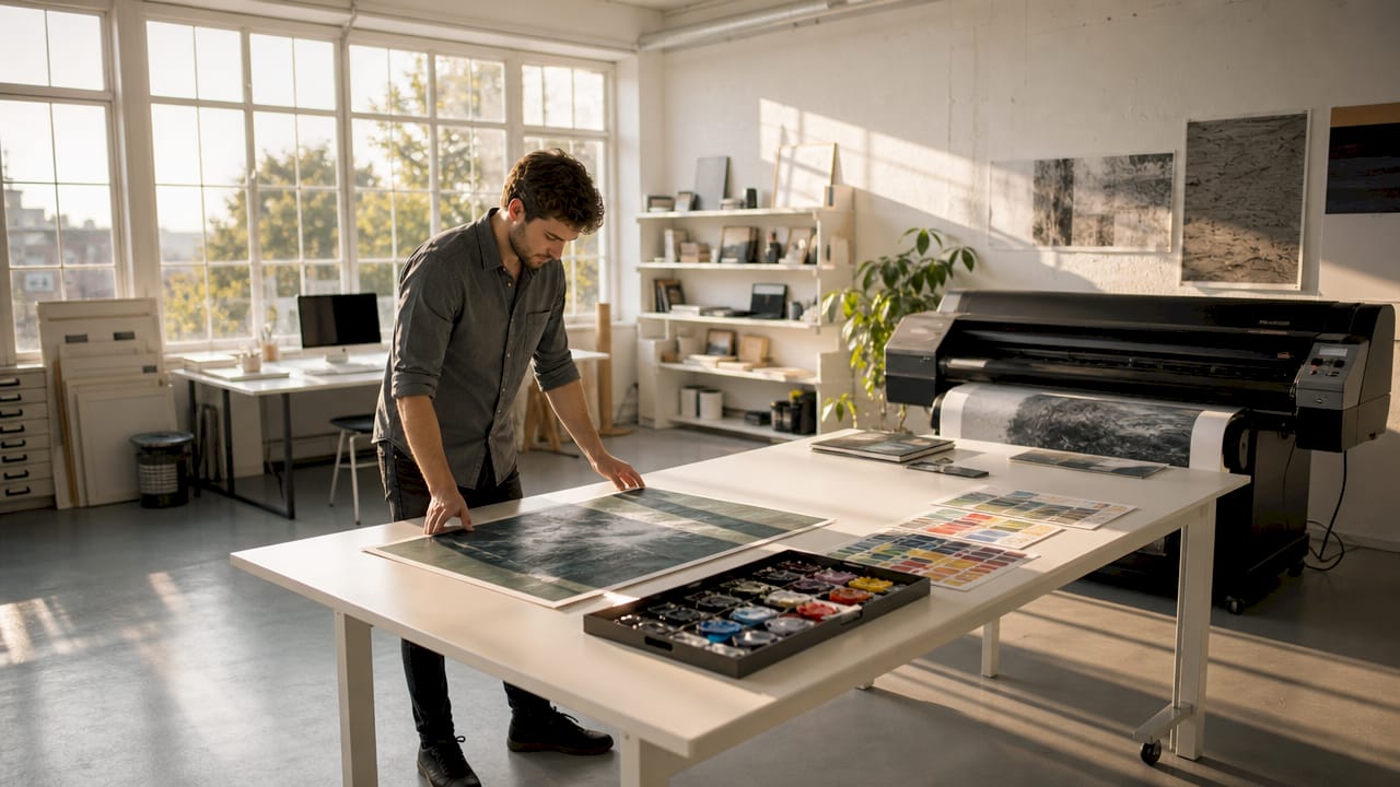 Im Atelier entsteht ein neuer Kunstdruck – der Künstler legt selbst Hand an und bringt seine Werke aufs Papier.