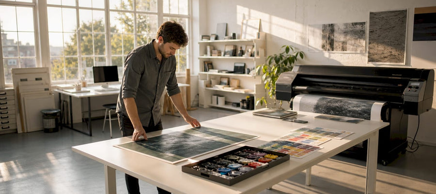 Im Atelier entsteht ein neuer Kunstdruck – der Künstler legt selbst Hand an und bringt seine Werke aufs Papier.