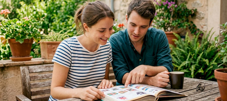 Ein Paar sitzt gemeinsam zu Hause und überlegt, welche Geschenke sie dieses Jahr machen möchten.