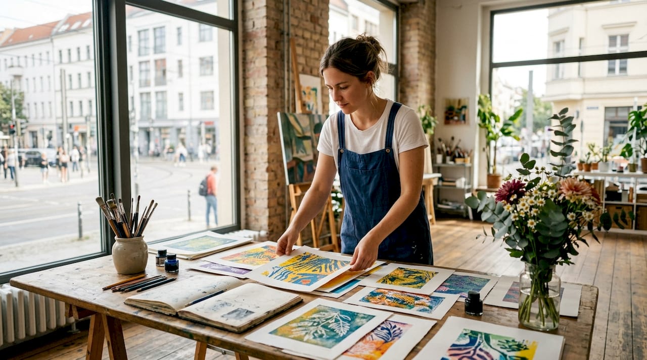 Im Atelier bereitet der Künstler sorgfältig seine limitierten Kunstdrucke für die Präsentation vor.