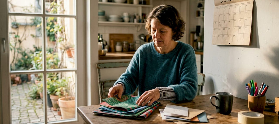 Eine Frau sortiert zu Hause Geschenke und Glückwunschkarten und bringt dabei Ordnung in die kleinen Aufmerksamkeiten.