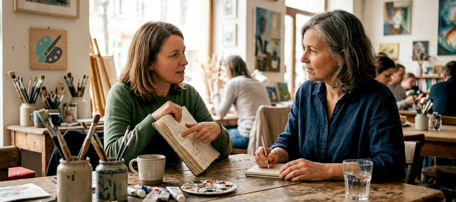Künstler und Auftraggeber besprechen gemeinsam das geplante Kunstwerk.