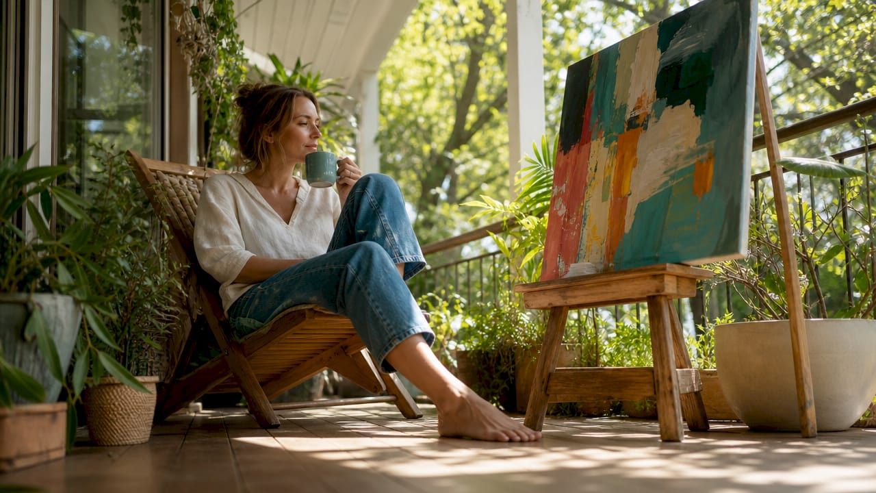 Eine Frau steht im Wohnzimmer und lässt sich sichtlich bewegt von einem Gemälde fesseln.