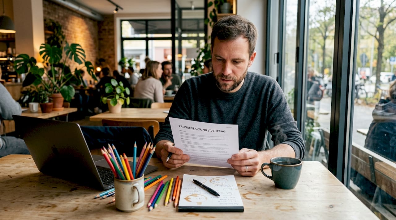 Der Illustrator wirft einen kritischen Blick auf den Vertrag zur Preisgestaltung – direkt am Arbeitsplatz im Atelier.