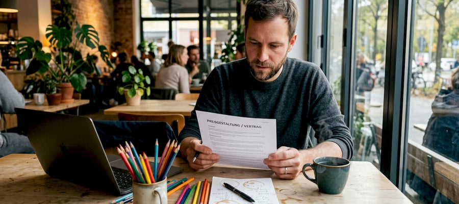 Der Illustrator wirft einen kritischen Blick auf den Vertrag zur Preisgestaltung – direkt am Arbeitsplatz im Atelier.
