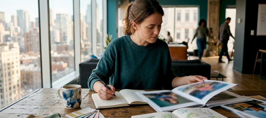 Eine Frau sitzt am Schreibtisch und schaut sich die Portfolios verschiedener Künstler an.