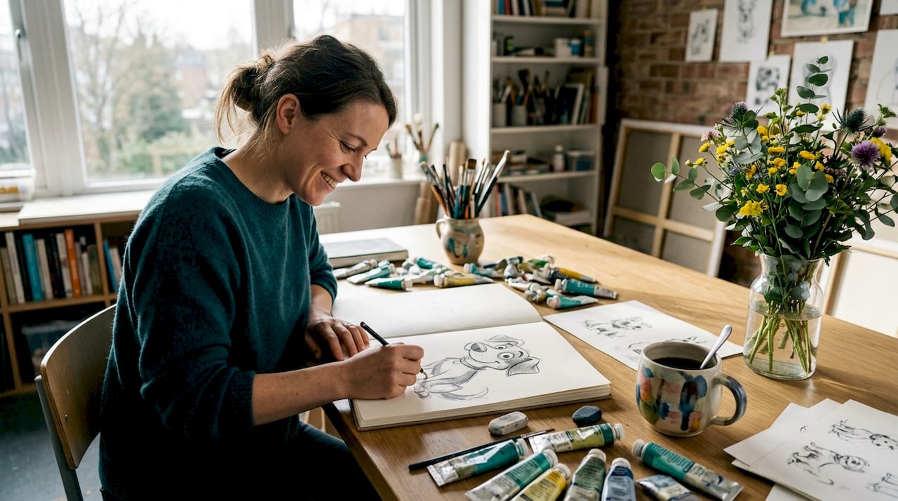 Im Atelier fertigt eine Künstlerin liebevoll Karikaturen von Haustieren an.