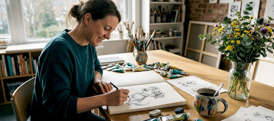 Im Atelier fertigt eine Künstlerin liebevoll Karikaturen von Haustieren an.