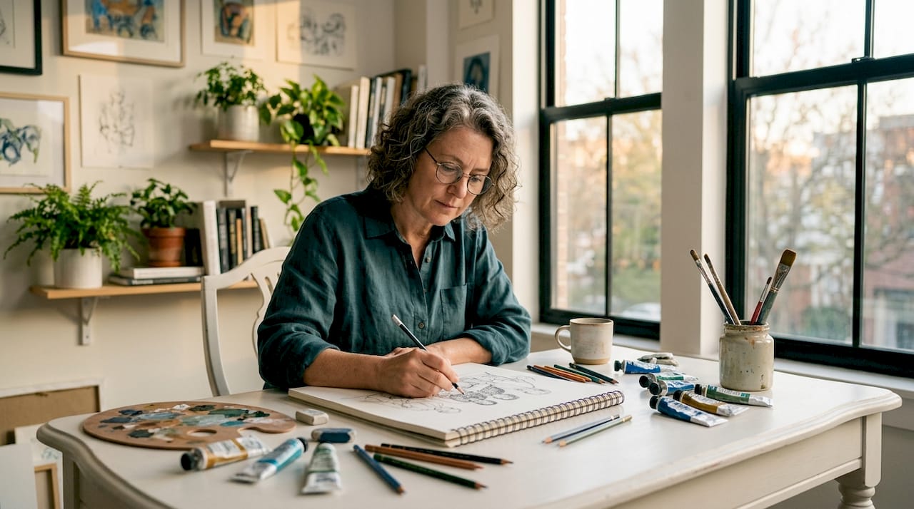 Im Atelier entsteht eine Teamillustration – die Künstlerin bringt ihre Ideen aufs Papier.