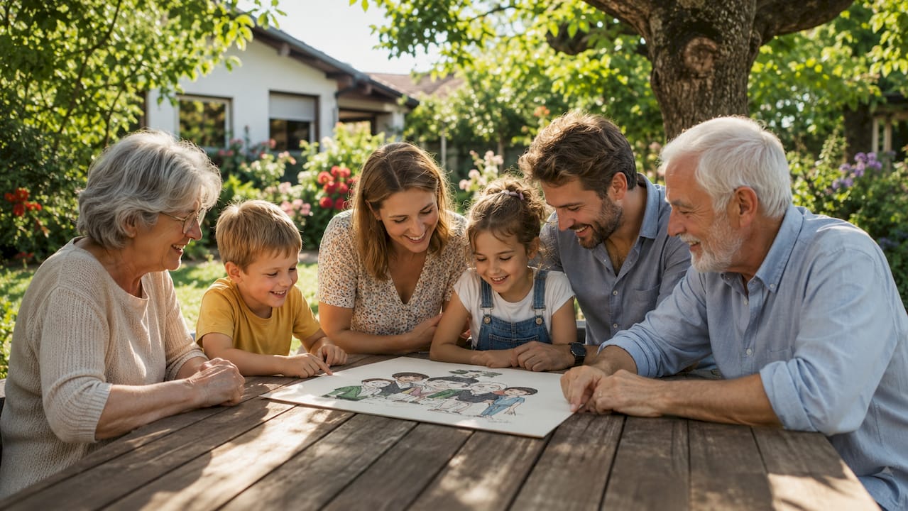Im Wohnzimmer versammelt sich die Familie, um gemeinsam das Familienfoto anzuschauen.
