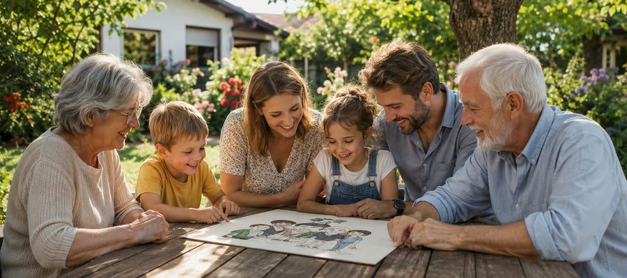 Im Wohnzimmer versammelt sich die Familie, um gemeinsam das Familienfoto anzuschauen.