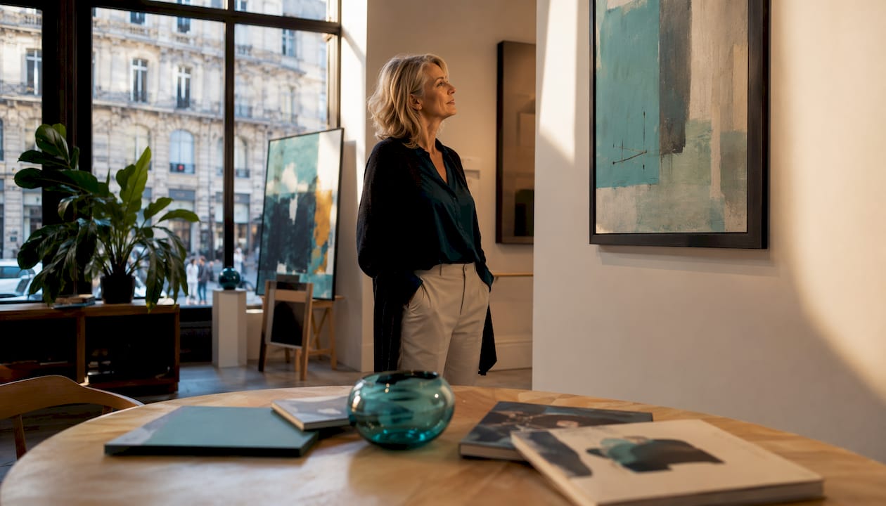 Eine Frau sucht in einer Galerie nach einem passenden Kunstgeschenk.