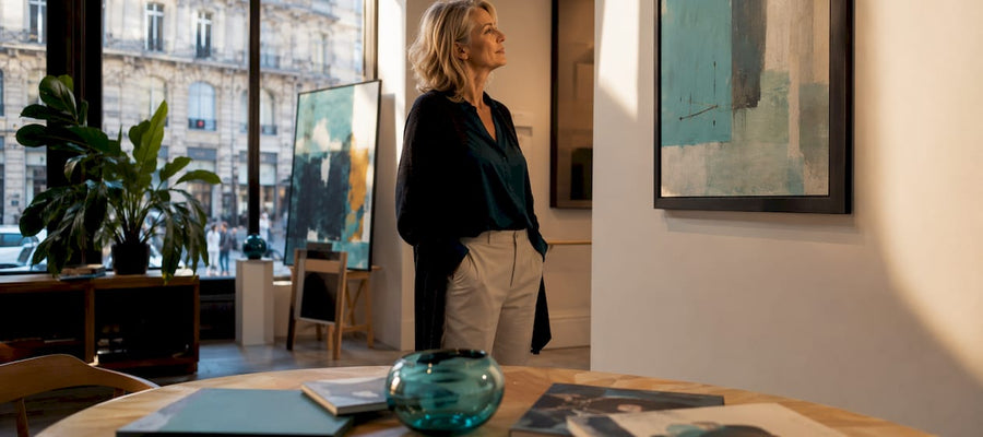 Eine Frau sucht in einer Galerie nach einem passenden Kunstgeschenk.