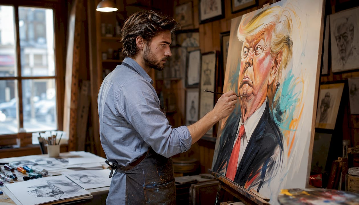 Ein Karikaturist sitzt an seinem Zeichentisch und bringt mit übertriebenen Zügen lustige Porträts aufs Papier.