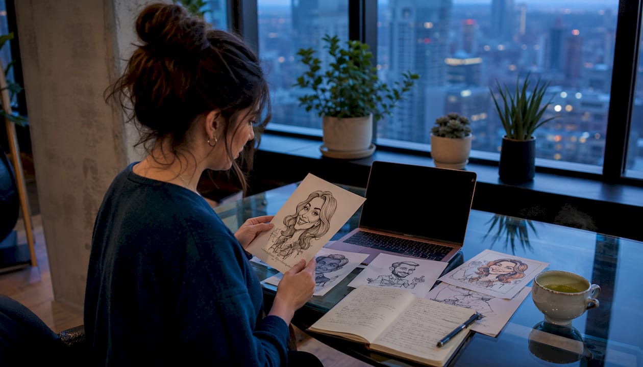 Am Küchentisch vertieft sich eine Frau in die Betrachtung von Karikaturen.