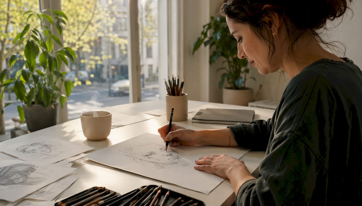Im Atelier fertigt eine Künstlerin eine schnelle, skizzenhafte Porträtzeichnung an.