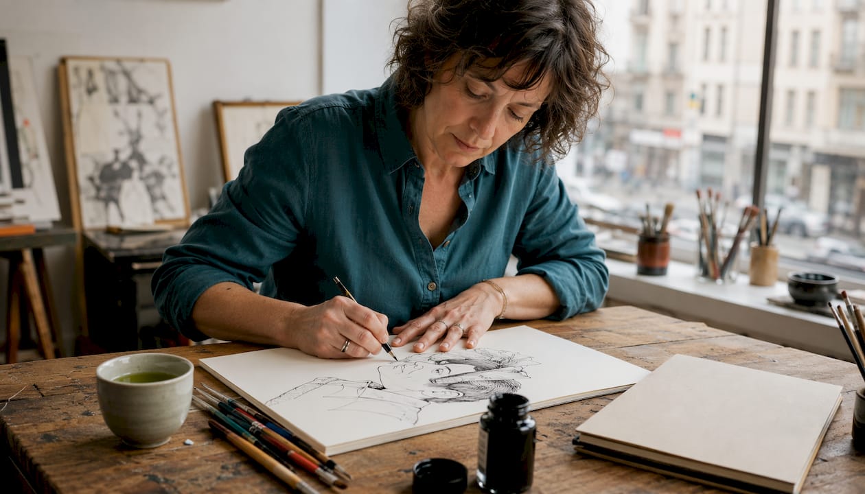 In ihrem Atelier erschafft die Illustratorin eine Karikatur mit filigranen Linien und viel Liebe zum Detail.