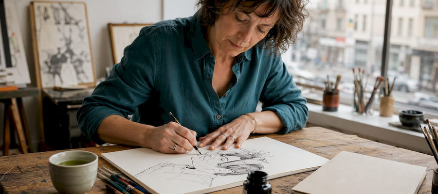 In ihrem Atelier erschafft die Illustratorin eine Karikatur mit filigranen Linien und viel Liebe zum Detail.