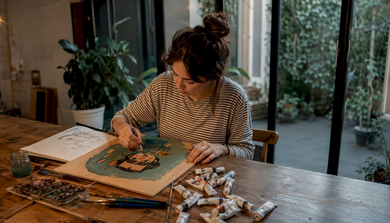 Ein Künstler sitzt in einem lichtdurchfluteten Atelier und zeichnet Karikaturen.
