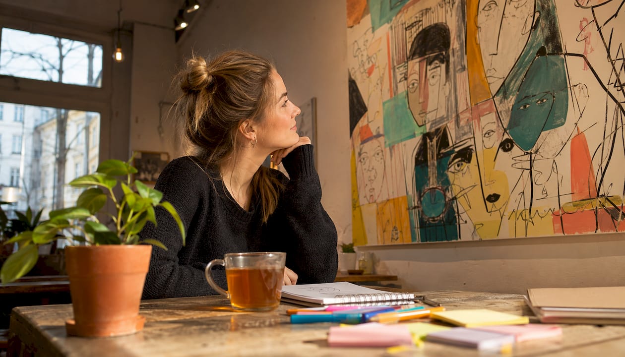 Eine Marketingmanagerin wirft einen neugierigen Blick auf ein Kunstwerk im kreativen Büroambiente.