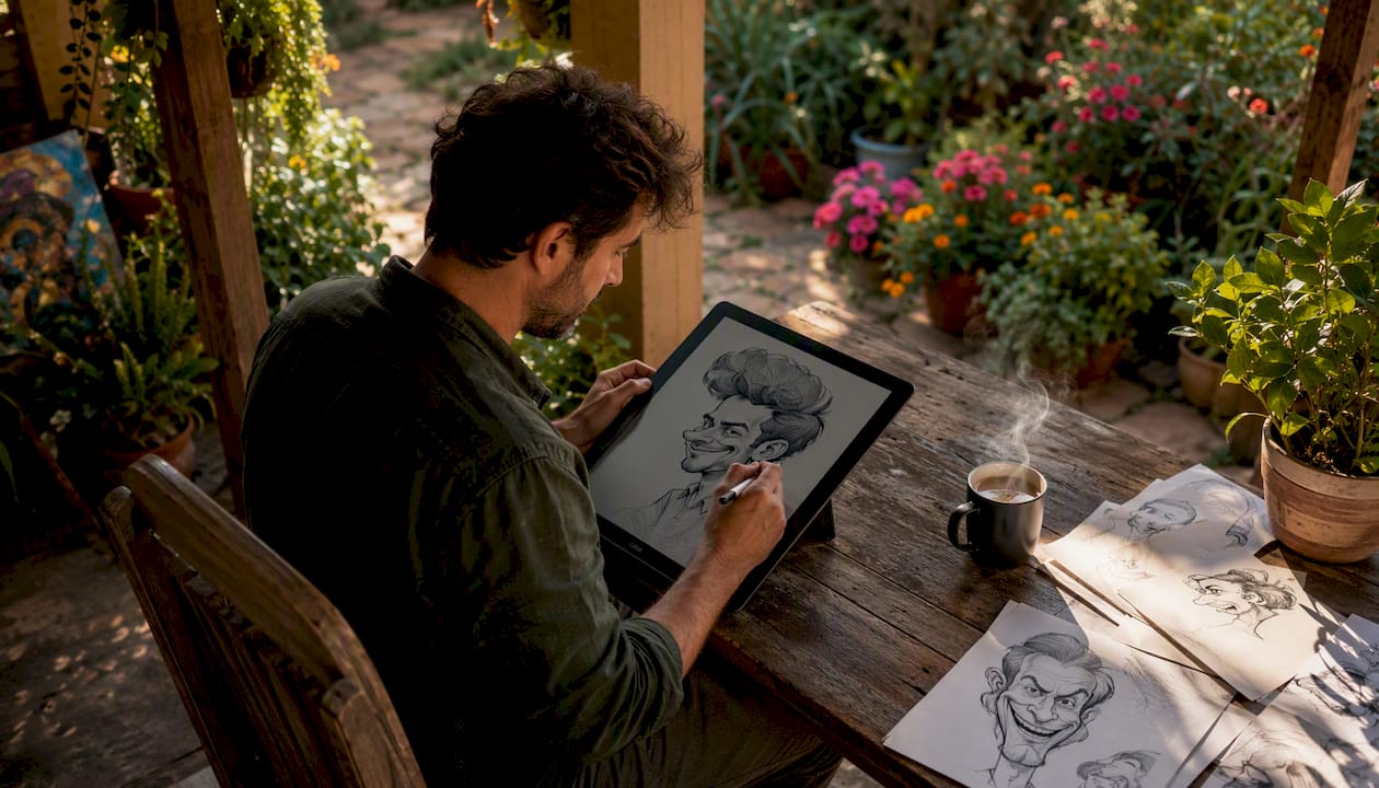 In seinem Atelier zeichnet ein Künstler eine digitale Karikatur direkt am Grafiktablet.