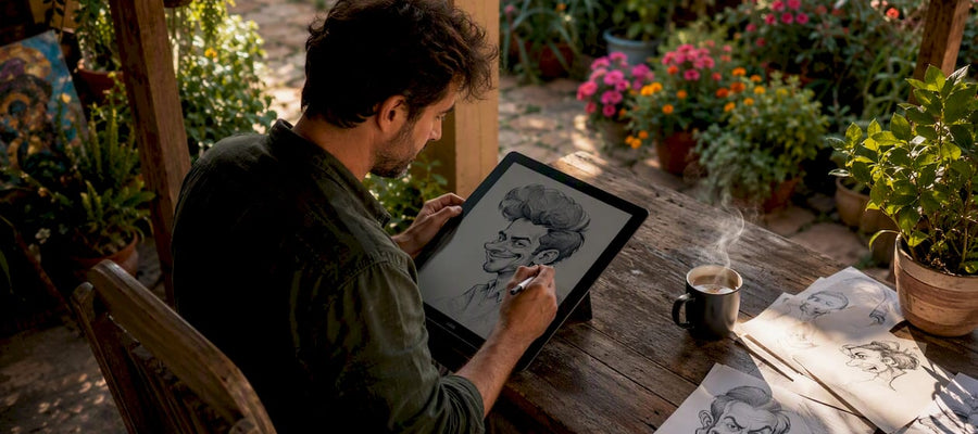 In seinem Atelier zeichnet ein Künstler eine digitale Karikatur direkt am Grafiktablet.