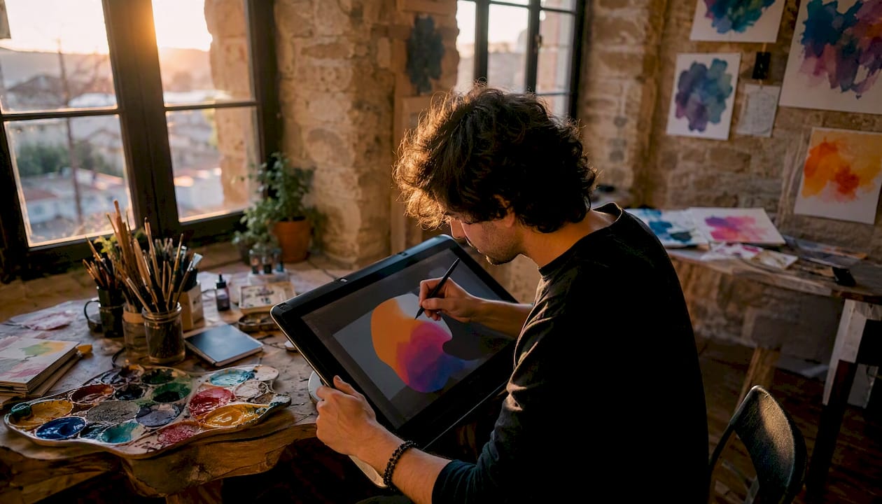 Im Atelier sitzt der Künstler und gestaltet seine Werke am Grafiktablett.