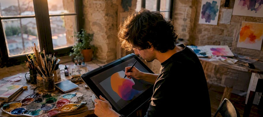 Im Atelier sitzt der Künstler und gestaltet seine Werke am Grafiktablett.
