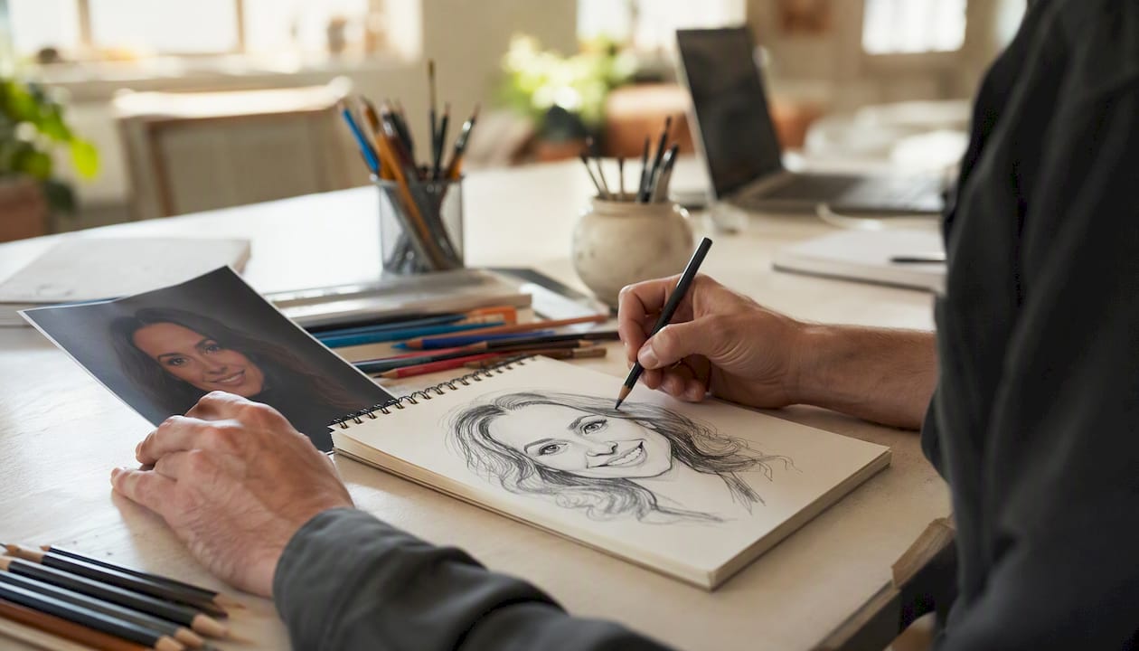 Ein Künstler fertigt eine Karikatur nach Kundenwunsch an.