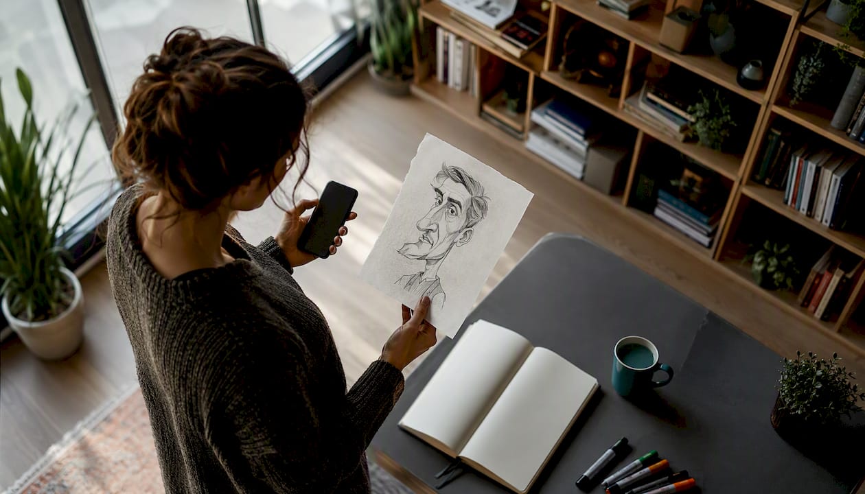 Eine Person bereitet eine Überarbeitungsanfrage vor und überprüft dabei eine Karikatur-Vorschau auf ihrem Smartphone.