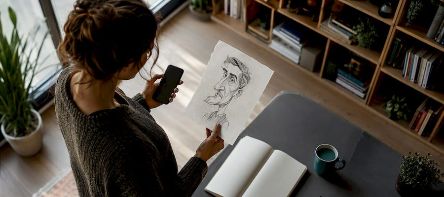 Eine Person bereitet eine Überarbeitungsanfrage vor und überprüft dabei eine Karikatur-Vorschau auf ihrem Smartphone.